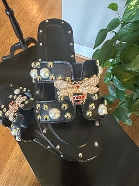 Black Embellished Slide Sandals with Pearl & Bee Accent size 40